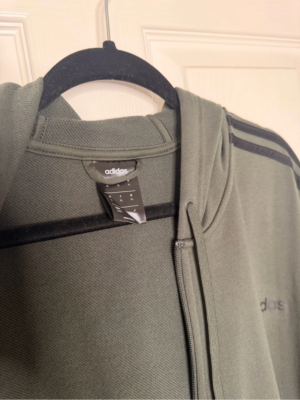 adidas Olive Green Full-Zip Hooded Jacket with Black Stripes